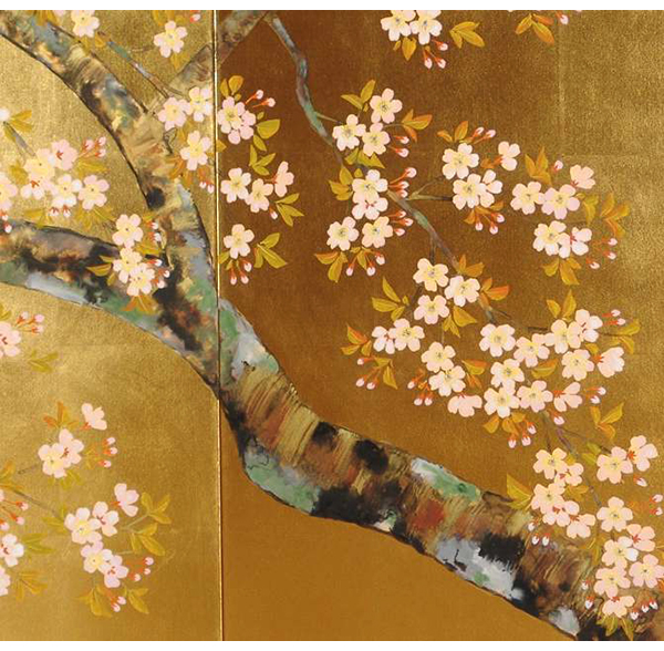 金屏風（桜） 葛谷聖山作｜肉筆手書き屏風