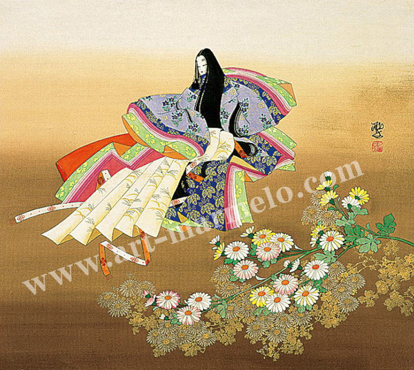 東聖観「一枝の菊」 源氏物語の色紙アートプリントの額装