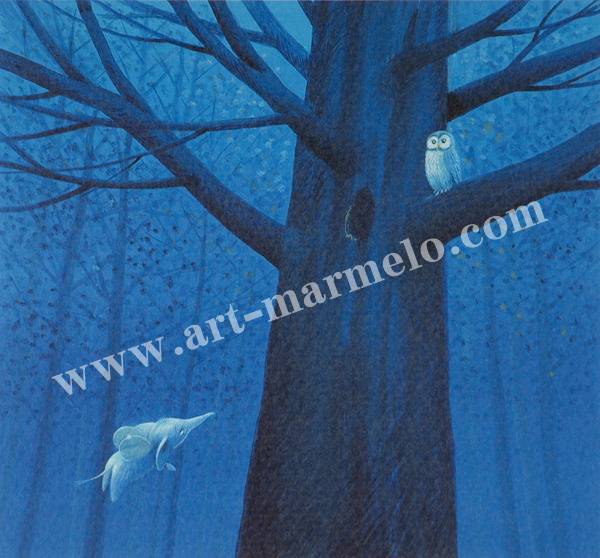 葉祥明の版画「はちぞうと森の賢者」