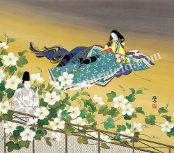 東聖観「夕顔心あてに」 源氏物語の色紙アートプリントの額装