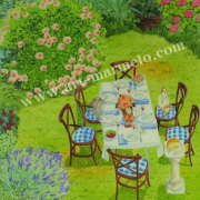 栗乃木ハルミの版画「庭ごはん」