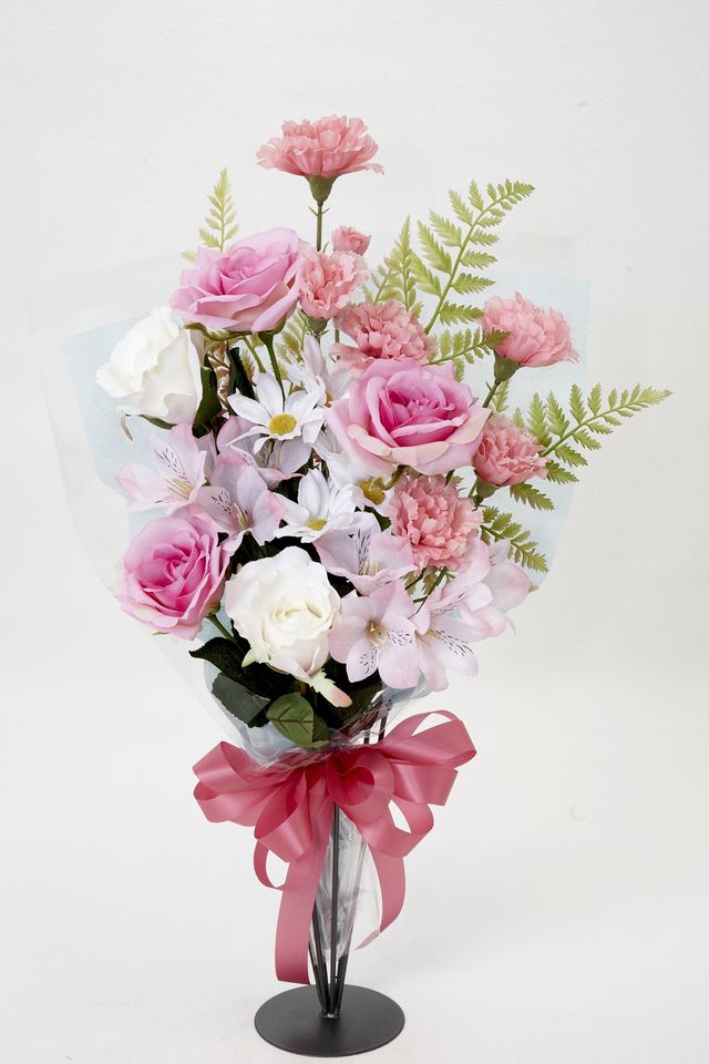 【贈答・贈呈用花束・造花花束・花束ギフト】バラとアルストロメリアとカーネーションのアーティフィシャルフラワーブーケ