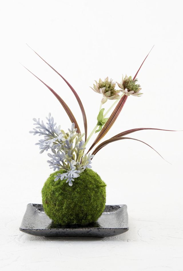 【造花 観葉植物 インテリアグリーン】こけ玉 ジャパーニーズモダンN（下皿付き）