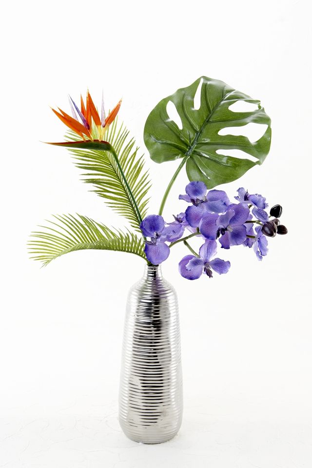 【アーティフィシャルフラワー インテリアブーケアレンジ】ストレチアと蘭とモンステラのバンドルブーケアレンジメント