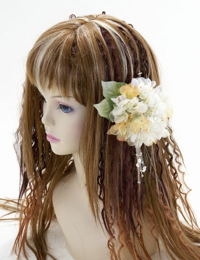 【特価SALE　髪飾り・ヘアアクセサリー】紫陽花－ライムグリーン×イエローオレンジ・バレッタ