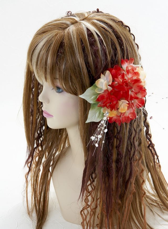 【特価SALE　髪飾り・ヘアアクセサリー】紫陽花－レッド×オレンジ・バレッタ