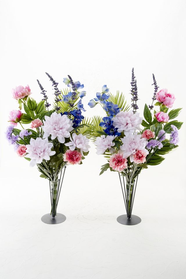 【アーティフィシャルフラワー・造花 お墓・お仏壇向け仏花・供花】ダリア・ピオニー・デルフィニュームの洋風供花（左右１対セット）