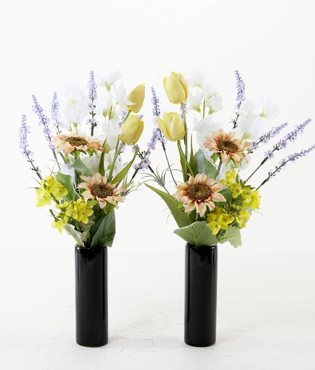 【お墓・仏壇用 造花の仏花・供花】サンフラワーとチューリップの仏花セット（左右１対）