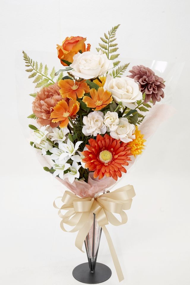【贈答・贈呈用花束・造花花束・花束ギフト】バラとダリアとガーベラのアーティフィシャルフラワーブーケ/マジョリカ・オレンジ