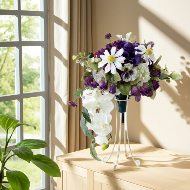 【アーティフィシャルフラワー　インテリアブーケアレンジ】ワイヤースタンドブーケ風アレンジメント/ブーケ・ミラ（スタンド付き）