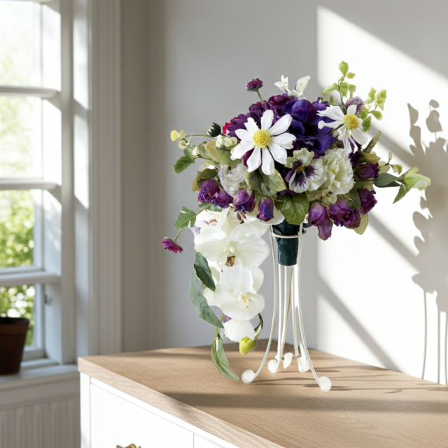 【アーティフィシャルフラワー　インテリアブーケアレンジ】ワイヤースタンドブーケ風アレンジメント/ブーケ・ミラ（スタンド付き）