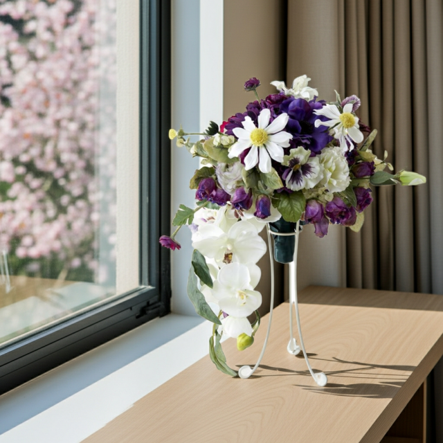 【アーティフィシャルフラワー　インテリアブーケアレンジ】ワイヤースタンドブーケ風アレンジメント/ブーケ・ミラ（スタンド付き）