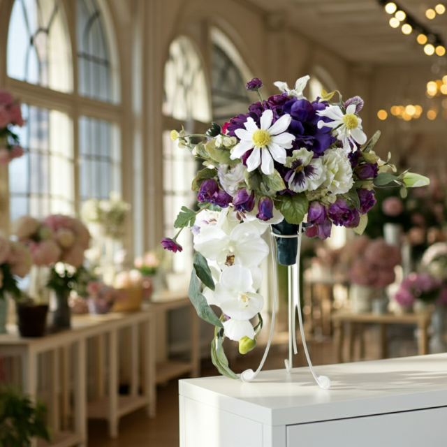 【アーティフィシャルフラワー　インテリアブーケアレンジ】ワイヤースタンドブーケ風アレンジメント/ブーケ・ミラ（スタンド付き）