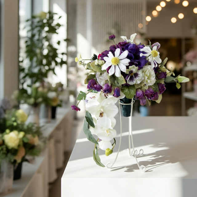 【アーティフィシャルフラワー　インテリアブーケアレンジ】ワイヤースタンドブーケ風アレンジメント/ブーケ・ミラ（スタンド付き）