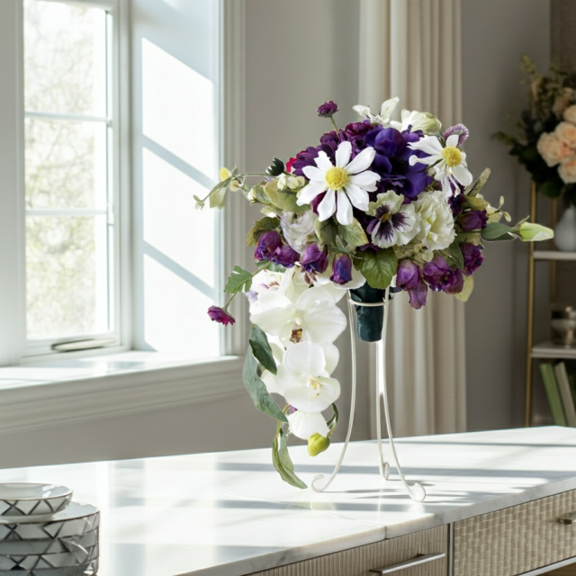 【アーティフィシャルフラワー　インテリアブーケアレンジ】ワイヤースタンドブーケ風アレンジメント/ブーケ・ミラ（スタンド付き）