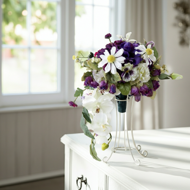 【アーティフィシャルフラワー　インテリアブーケアレンジ】ワイヤースタンドブーケ風アレンジメント/ブーケ・ミラ（スタンド付き）