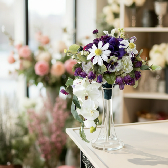 【アーティフィシャルフラワー　インテリアブーケアレンジ】ワイヤースタンドブーケ風アレンジメント/ブーケ・ミラ（スタンド付き）