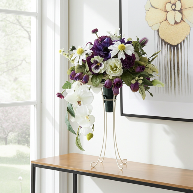 【アーティフィシャルフラワー　インテリアブーケアレンジ】ワイヤースタンドブーケ風アレンジメント/ブーケ・ミラ（スタンド付き）