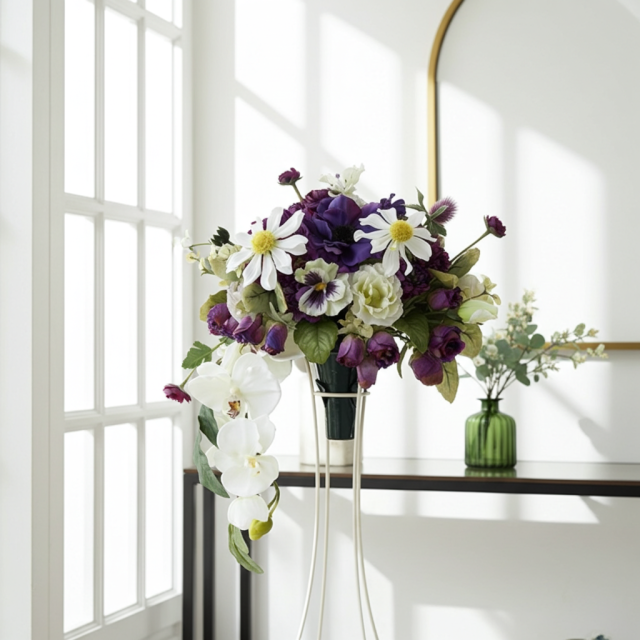 【アーティフィシャルフラワー　インテリアブーケアレンジ】ワイヤースタンドブーケ風アレンジメント/ブーケ・ミラ（スタンド付き）