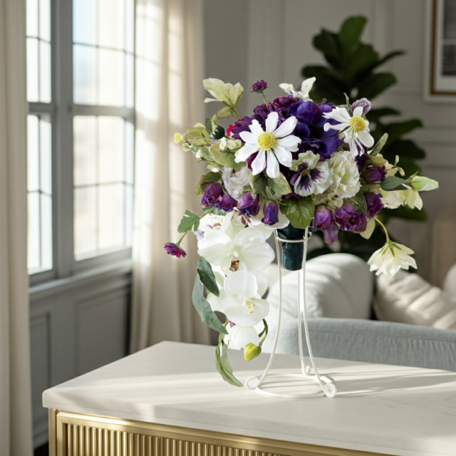 【アーティフィシャルフラワー　インテリアブーケアレンジ】ワイヤースタンドブーケ風アレンジメント/ブーケ・ミラ（スタンド付き）