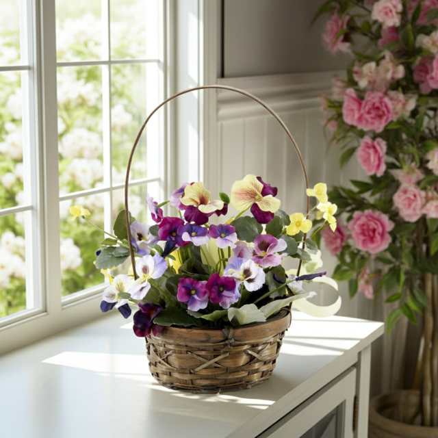 バスケットアレンジ 造花・アーティフィシャルフラワー・カゴアレンジメント】パンジーの