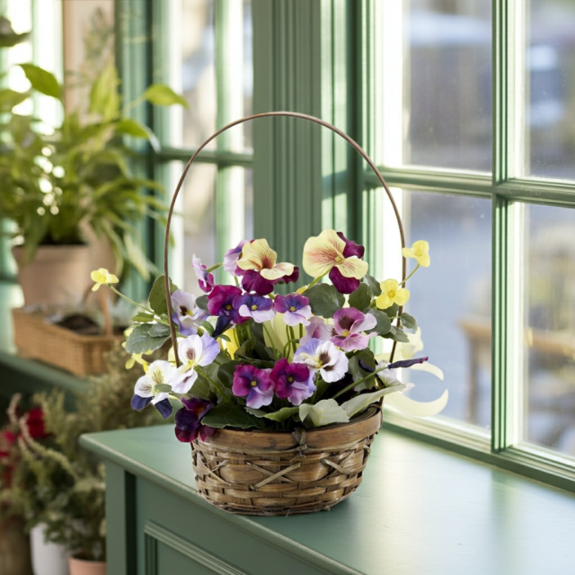 造花・アーティフィシャルフラワー・カゴアレンジメント】パンジーの