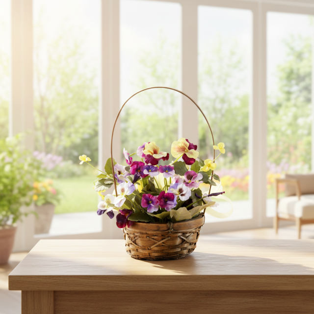 造花・アーティフィシャルフラワー・カゴアレンジメント】パンジーの