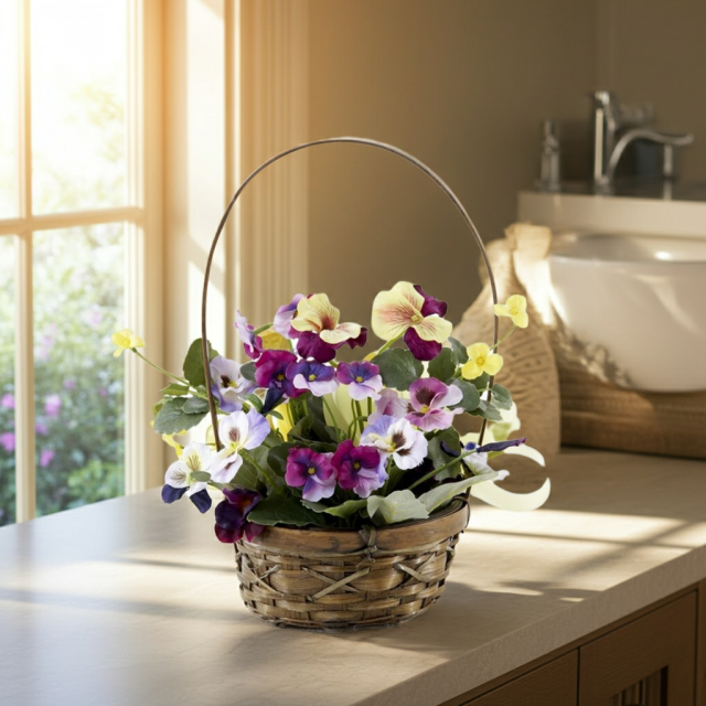 造花・アーティフィシャルフラワー・カゴアレンジメント】パンジーの