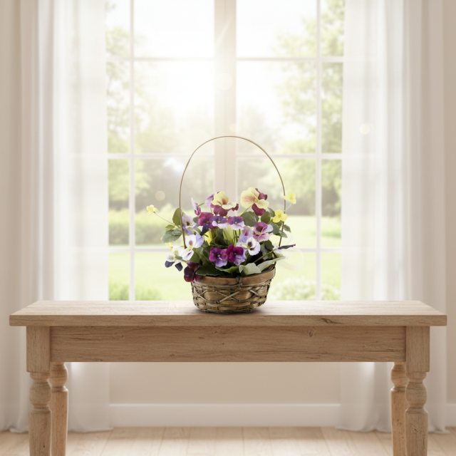 造花・アーティフィシャルフラワー・カゴアレンジメント】パンジーの