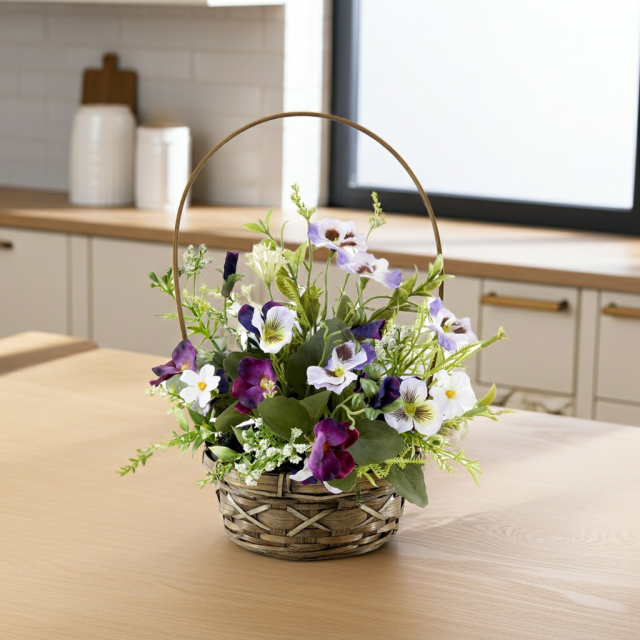 造花・アーティフィシャルフラワー・カゴアレンジメント】ビオラの