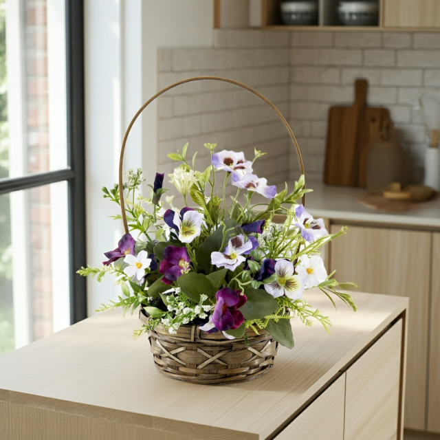 造花・アーティフィシャルフラワー・カゴアレンジメント】ビオラの