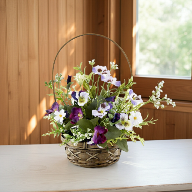 造花・アーティフィシャルフラワー・カゴアレンジメント】ビオラの