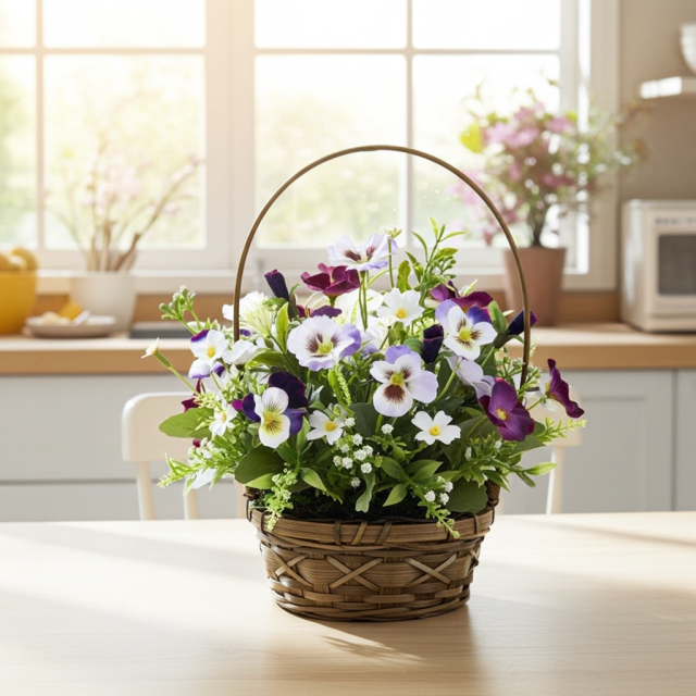 造花・アーティフィシャルフラワー・カゴアレンジメント】ビオラの