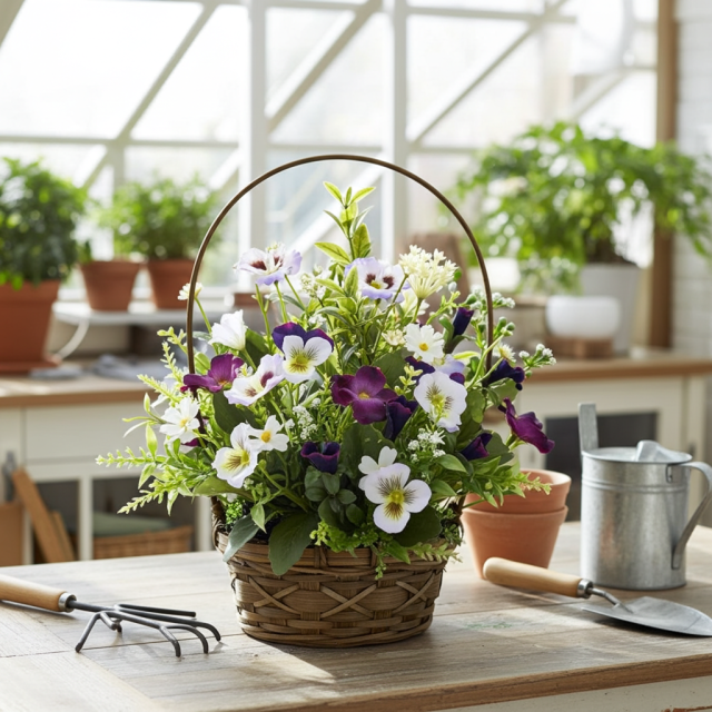 造花・アーティフィシャルフラワー・カゴアレンジメント】ビオラの