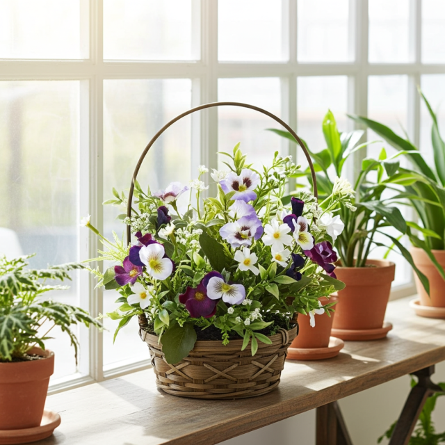 造花・アーティフィシャルフラワー・カゴアレンジメント】ビオラの