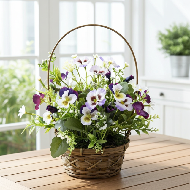 造花・アーティフィシャルフラワー・カゴアレンジメント】ビオラの