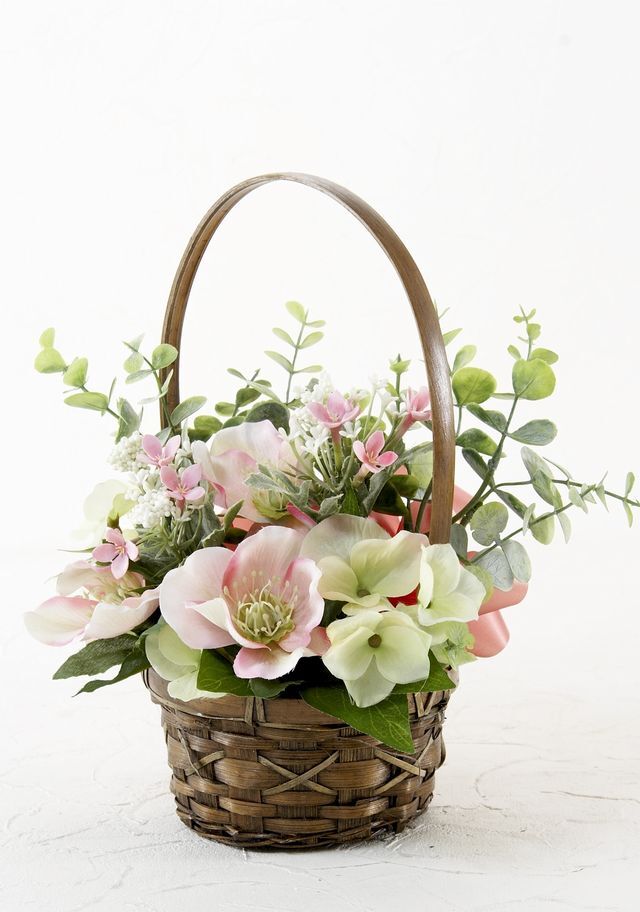 【造花・アーティフィシャルフラワー・カゴアレンジメント】クリスマスローズのナチュラルバスケットアレンジ
