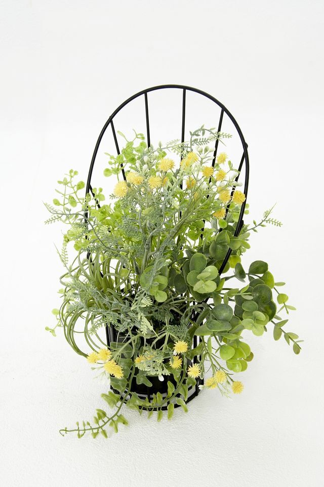 【造花 アーティフィシャルフラワー・割れない花器のナチュラルインテリアグリーンアレンジ】ミモザ＆ユーカリのアレンジ