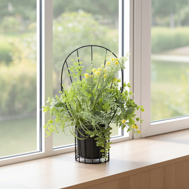 【造花 アーティフィシャルフラワー・割れない花器のナチュラルインテリアグリーンアレンジ】ミモザ＆ユーカリのアレンジ