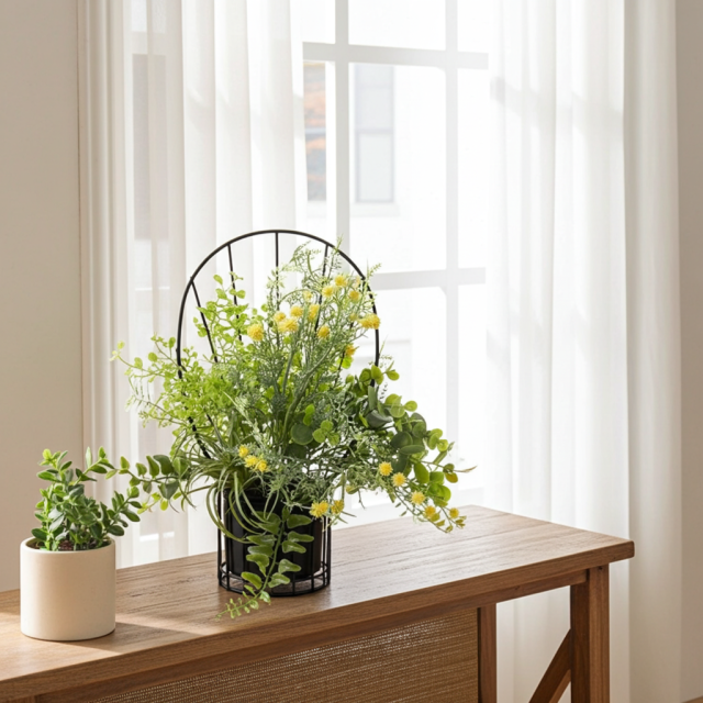 【造花 アーティフィシャルフラワー・割れない花器のナチュラルインテリアグリーンアレンジ】ミモザ＆ユーカリのアレンジ