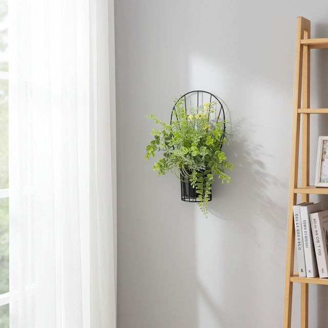 【造花 アーティフィシャルフラワー・割れない花器のナチュラルインテリアグリーンアレンジ】ミモザ＆ユーカリのアレンジ