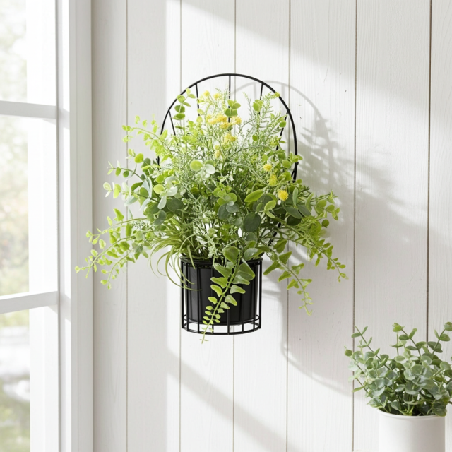 【造花 アーティフィシャルフラワー・割れない花器のナチュラルインテリアグリーンアレンジ】ミモザ＆ユーカリのアレンジ