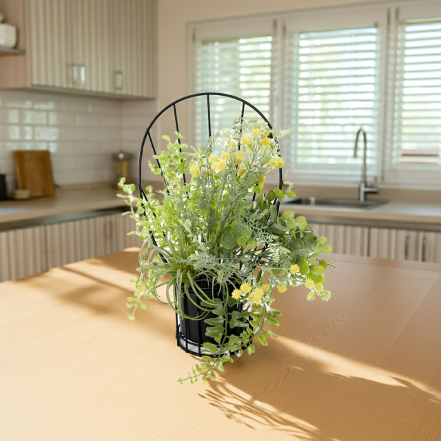 【造花 アーティフィシャルフラワー・割れない花器のナチュラルインテリアグリーンアレンジ】ミモザ＆ユーカリのアレンジ