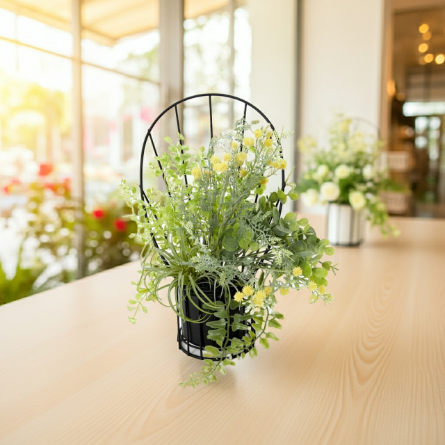 【造花 アーティフィシャルフラワー・割れない花器のナチュラルインテリアグリーンアレンジ】ミモザ＆ユーカリのアレンジ