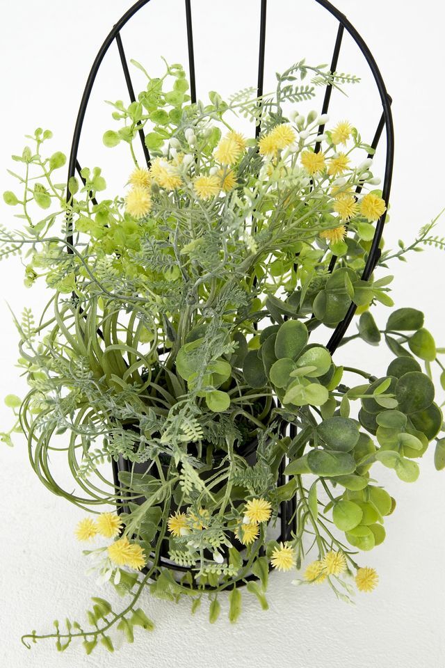 【造花 アーティフィシャルフラワー・割れない花器のナチュラルインテリアグリーンアレンジ】ミモザ＆ユーカリのアレンジ