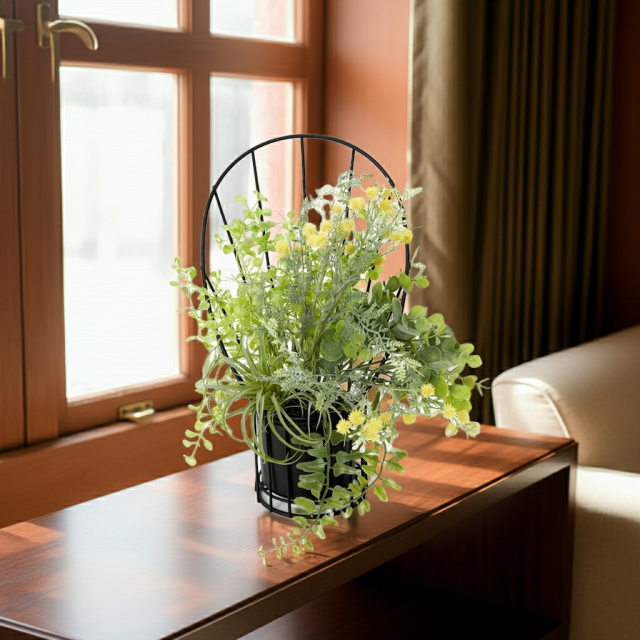 【造花 アーティフィシャルフラワー・割れない花器のナチュラルインテリアグリーンアレンジ】ミモザ＆ユーカリのアレンジ