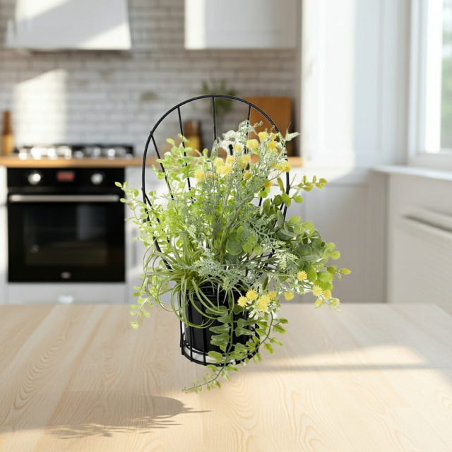【造花 アーティフィシャルフラワー・割れない花器のナチュラルインテリアグリーンアレンジ】ミモザ＆ユーカリのアレンジ