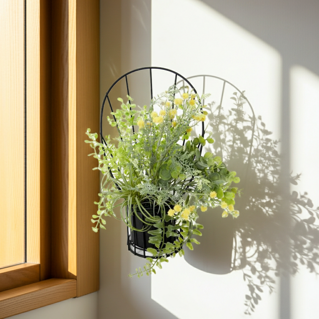 【造花 アーティフィシャルフラワー・割れない花器のナチュラルインテリアグリーンアレンジ】ミモザ＆ユーカリのアレンジ