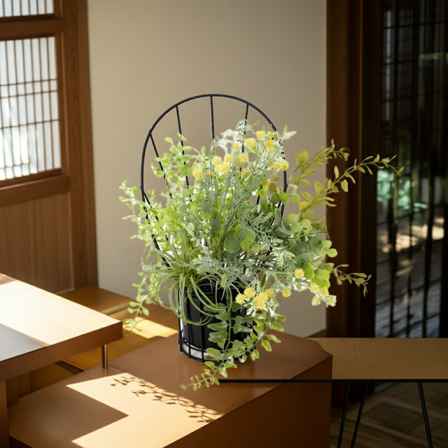 【造花 アーティフィシャルフラワー・割れない花器のナチュラルインテリアグリーンアレンジ】ミモザ＆ユーカリのアレンジ