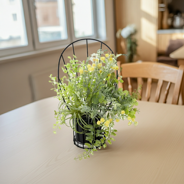 【造花 アーティフィシャルフラワー・割れない花器のナチュラルインテリアグリーンアレンジ】ミモザ＆ユーカリのアレンジ
